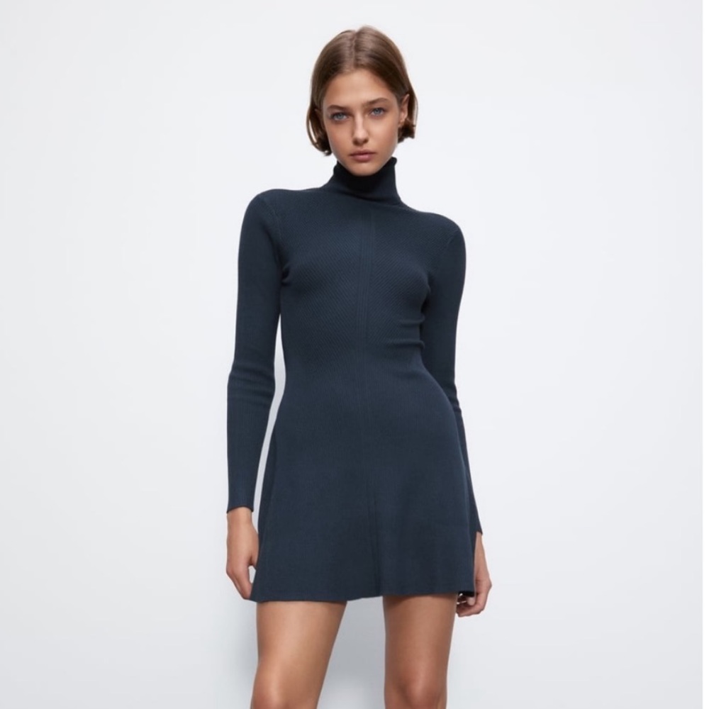 Zara Navy Blue Ribbed Turtleneck Mini Dress